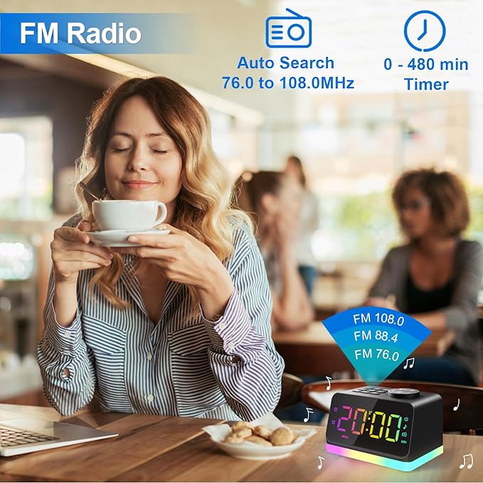 JALL Digital Alarm Clock with FM Radio for Bedroom, 8 Colors Night Light with 2 Charging Port, Sleep Sound Machines with Timer, Dual Alarm, Loud Alarm and Easy to Use for Seniors and Kids as Gift