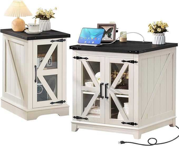 Farmhouse End Table Set 2, Narrow 18'' Night Stand with Glass Barn Door, 24" Square Side Table with Charger Station, Living Room Furniture Sets, Wood Nightstand Bedside Tables for Bedroom