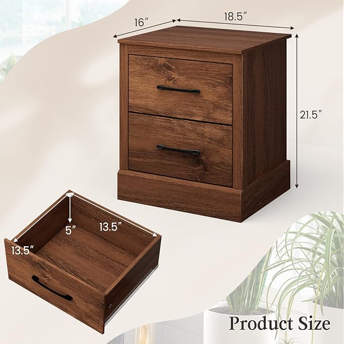 Giantex Farmhouse Nightstand Set of 2, Wood Bedside Table with 2 Storage Drawers, Compact Floor Night Stand, Walnut Accent Sofa Side Table for Bedroom