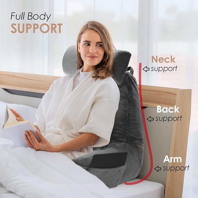 Nestl Reading Pillow with Shredded Memory Foam Includes 2 Neck and Lumber Support Pillows, Designed for Sitting Up in Bed and Couch, Back and Arms Adjustable Support for Adult & Teens, Dark Grey