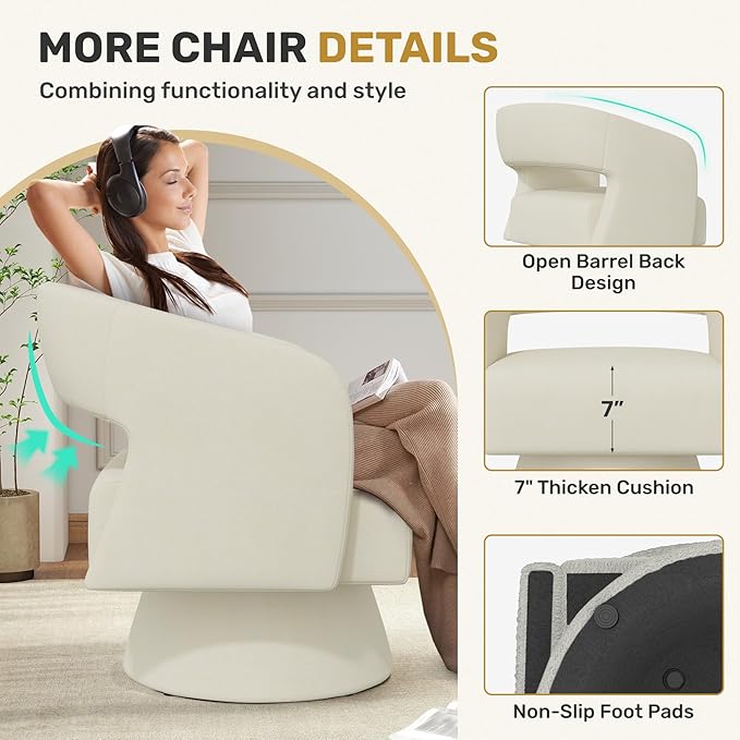 Swivel Accent Chair, Modern Comfy Chenille Barrel Chairs, Oversized Upholstered Round Arm Chair for Living Room, Bedroom, Reading Room, Beige, 1 PCS