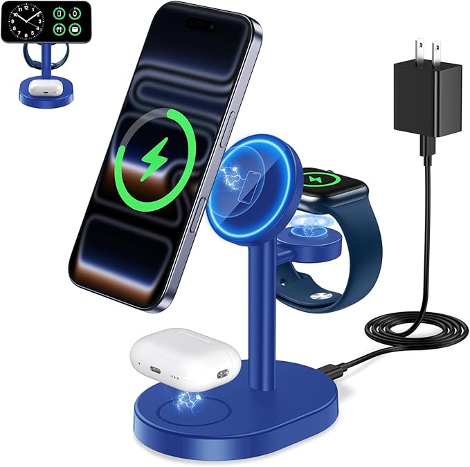 2026 3 in 1 Wireless Charging Station for Apple MagSafe Charger, 15W Fast Magnetic Mag-Safe Charger Stand for iPhone 17 16 15 14 13 12 Apple Watch AirPods with MagSafe Case, Blue