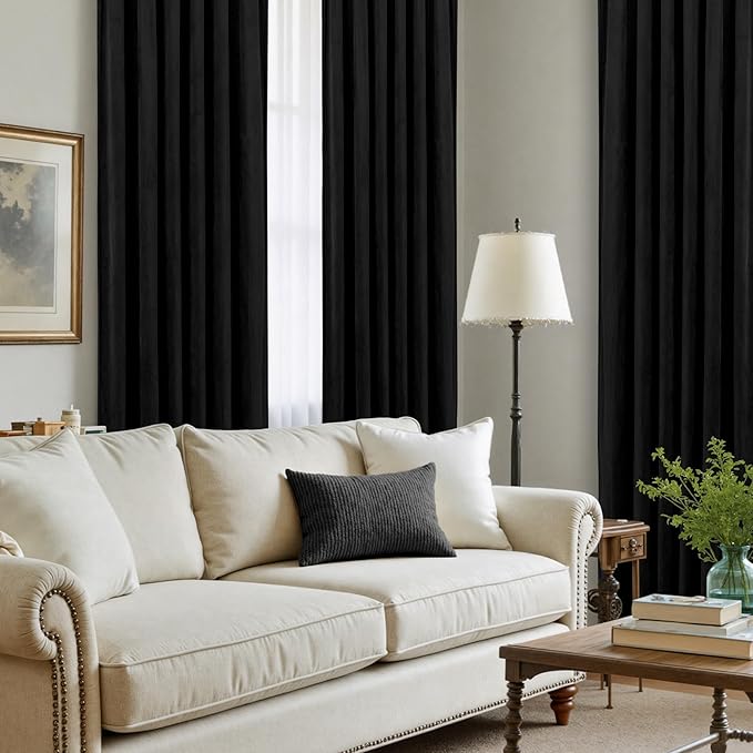 LAMIT Velvet Blackout Curtains 108 Inch for Bedroom, Black Thermal Room Darkening Panels for Movie Theater Living Room Back Tab and Rod Pocket Privacy Protected Drapes, 2 Panels, 52 x 108 Inch