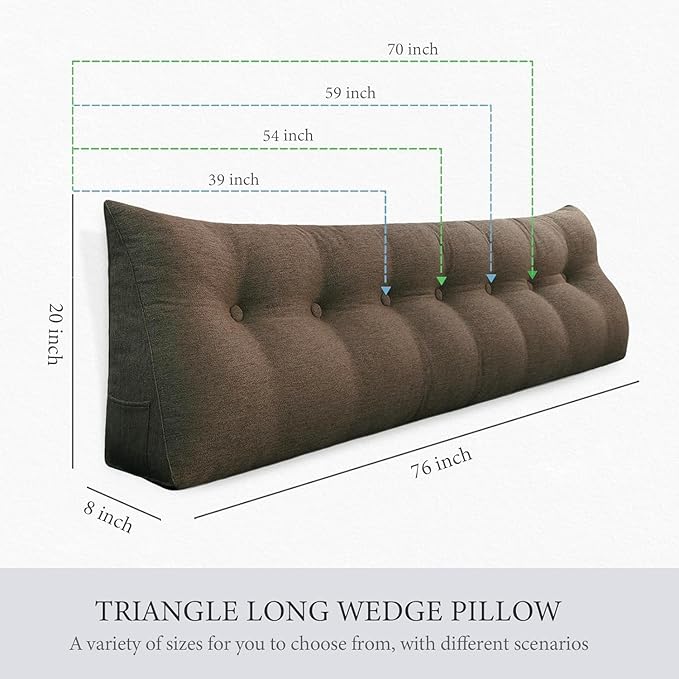 homecozy Wedge Headboard Pillow Dorm Room Reading Pillow Back Support for Sitting Up in Bed Bolster Lumbar Cushion Body Positioning Bedrest Cotton Linen 59in Coffee Queen