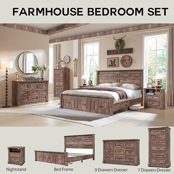 Farmhouse King Size Bed Frame with 51" Tall Headboard, Wood Platform Bed Frame with 20" Tall Roman Column Decoration Footboard & 3 Large Storage Drawers, No Box Spring Needed (Light Brown)
