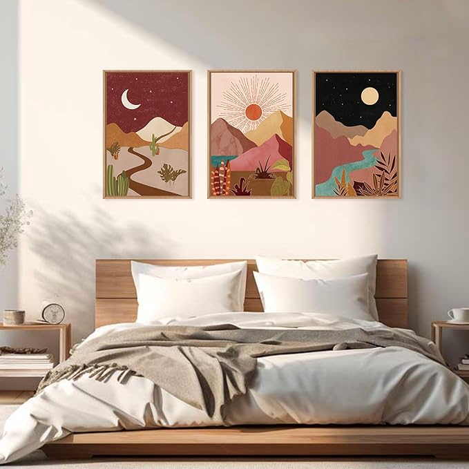 LHIUEM Large Boho Southwest Mountain Framed Canvas Wall Art,Abstract Desert Colorful Wall Decor,Nature Moon and Sun Wall Painting,Bohemian Artwork for Living Room,Bedroom,Dining Room,Office -24"x36"x3