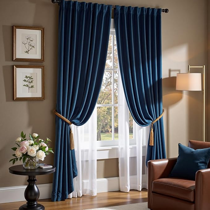 Lazzzy Velvet Blackout Curtains Thermal Insulated Room Window Drapes Super Soft Luxury Curtains for Living Room Bedroom Rod Pocket 2 Panels, Dark Blue, 52" W x 108" L