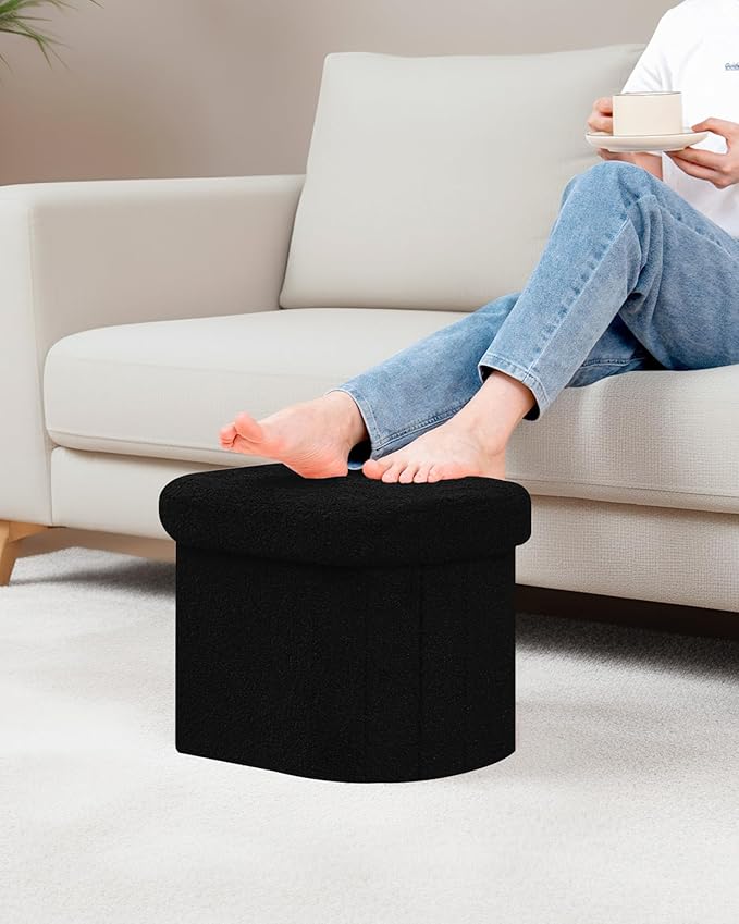 B FSOBEIIALEO Storage Ottoman for Dorm Room, Boucle Folding Storage Ottoman Foot Rest, 16.14 Inches Small Collapsible Ottoman Cube for Living Room Black