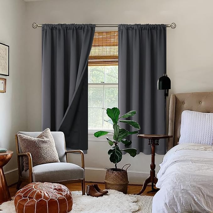 BGment Dark Grey 100% Blackout Curtains for Bedroom - Thermal Insulated Soundproof Light Blocking Dark Black Out Curtains 63 Inch Long, 2 Panels, Each 52 Inch Wide
