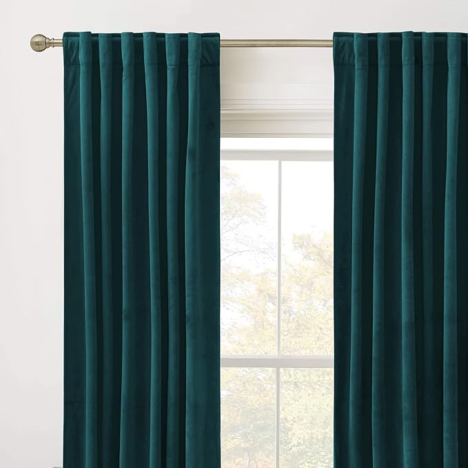 RYB HOME Velvet Curtains 63 inches Length, Back Tab & Rod Pocket Soft Fabric Curtains & Drapes for Bedroom Bathroom Cafe, Peacock Blue, W 42 x L 63, 2 Panels Set