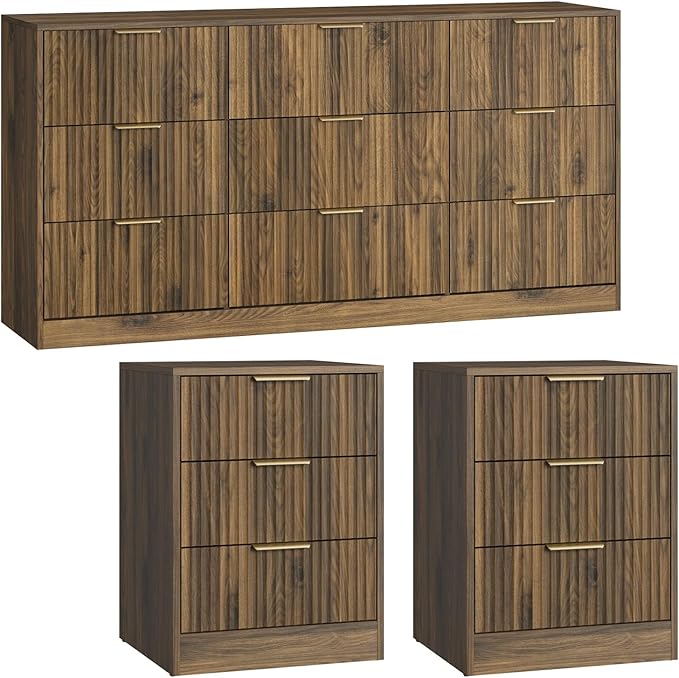 Walnut Dresser & 3 Drawer Nightstand Set 3-Piece, 63” Long 9 Drawer Dresser and Night Stand Set of 2, Fluted Modern Wood Chest of Drawers Storage Dressers Set for Bedroom, Walnut