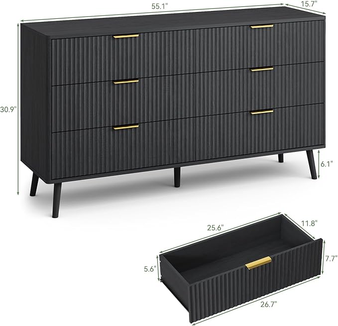 LYNSOM 55" Wide Fluted Dresser for Bedroom with 6 Drawer, Modern Chest of Drawers with Curved Profile Design and Metal Handles, Wood Dresser TV Stand & Storage Organizer for Living Room, Black