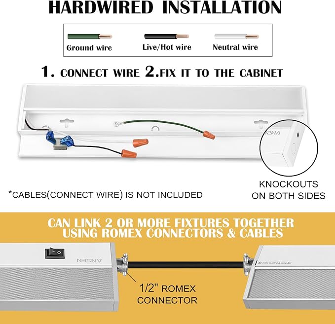 Ansen Hardwired Under Cabinet Lighting, 48in 26W LED Light for Kitchen/Closet, 1720lm, CRI>92, R9>90, Dimmable, 3 Color Temperature, 3000K/4000K/5000K(Warm White, Cool White, Daylight)