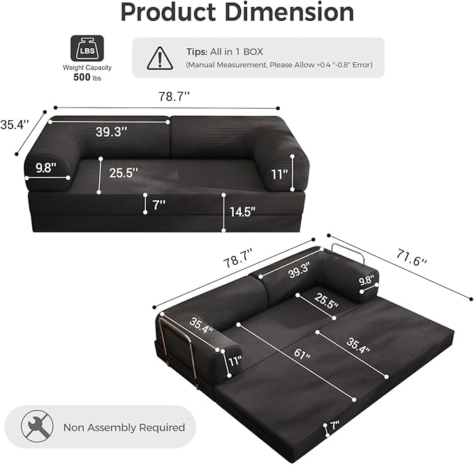 5-in-1 Folding Convertible Sofa Bed with L-Shaped Cylindrical Pillow, Corduroy Boneless Couch, Pull Out Bed, Floor Sofa Modular Futon Couch for Living Room Bedroom Lounge - No Assembly Needed in