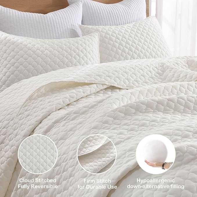 HORIMOTE HOME Cream Quilt Twin Size, Lightweight Quilt for Summer Ultra-Soft Microfiber Modern Style Quilted Clouds Pattern Bedspread Quit Set 2 Pieces (1 Quilt and 1 Pillow Sham)