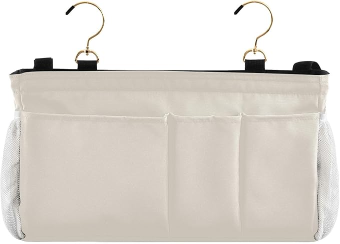 KOPIRIT Beige Bedside Caddy Storage Bag Bedside Organizer for Bed Rails College Dorm Room Organizer Caddy Hanging Shelf 6 Pockets with Hooks for Book Glasses Phone Holder
