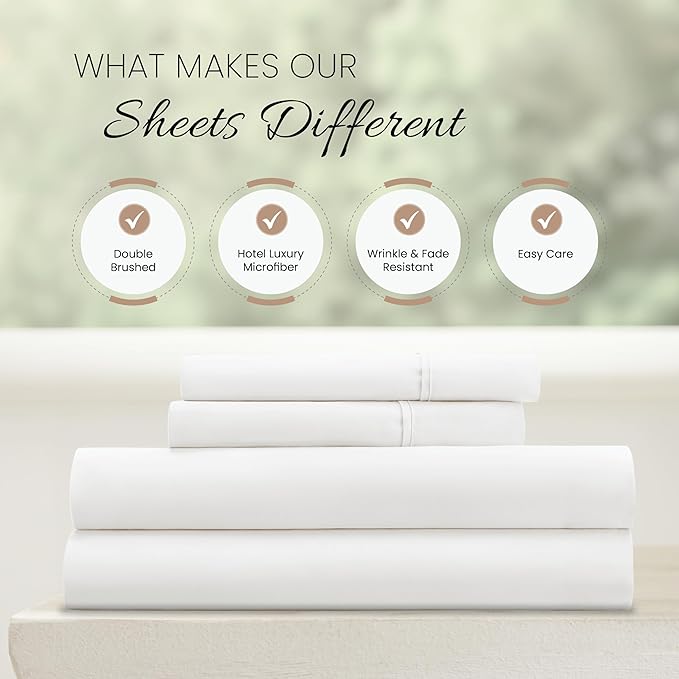 Linen Market Brushed Microfiber Full Sheet Set 4 Piece – Oeko-TEX Certified Ultra Soft & Wrinkle-Free - 16" Deep Pocket Sheets - Easy Care Full Size - White