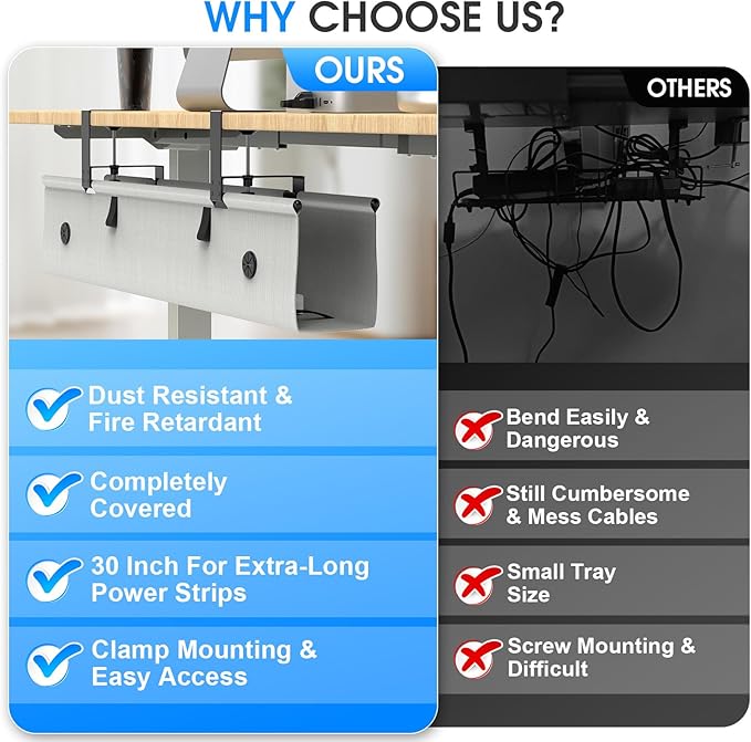 Under Desk Cable Management Tray, 30-inch No-Drill Cord Organizer with Anti-Sag Reinforced Base, Fabric Wire Management Hider for Standing Desk, Office & Gaming Accessories - Grey