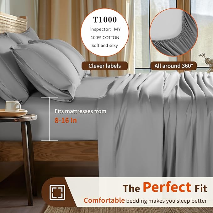 LBRO2M 1000 Thread Count 100% Egyptian Cotton Sheets Set 6 Piece Sets Queen Bed Sheet Deep Pocket Sheet Set 16" Soft Comfortable All Season (Queen, Gray)