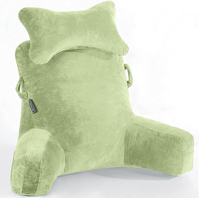 Reading Pillow-Extra Large 31" Bed Rest Pillow with Detachable Neck Roll & Arms for Sitting in Bed or Couch-Backrest Reading Pillow Adult Back Pillows for Reading/Watching TV/Gaming/Relaxing-Green