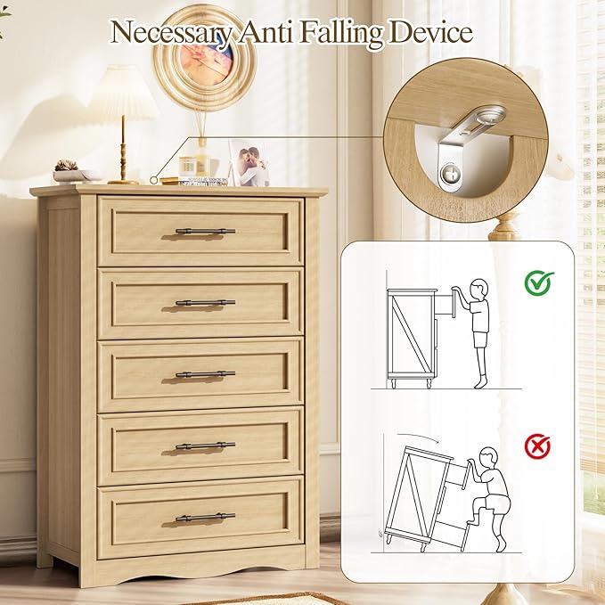 Farmhouse 5 Drawers Dresser, 45.5" H Modern Country Storage Dressers with Brushed Metal Handles, Wood Storage Organizers for Bedroom, Living Room, Hallway, Light Oak