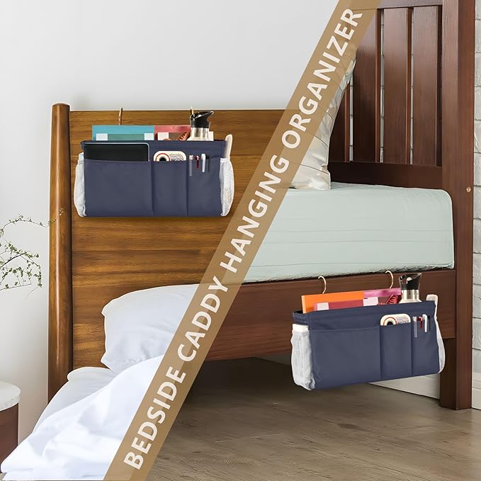KOPIRIT Navy Grey Bedside Caddy Storage Bag Bedside Organizer for College Dorm Top Bunk Bed Hanging Bag Bedside Shelf 6 Pockets with Hooks for Magazine Water Bottle Holder