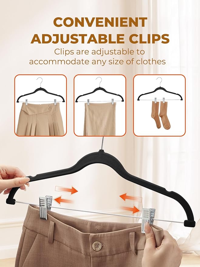 HOUSE DAY Velvet Skirt Hangers 12 Pack, Black Velvet Pant Hangers with Adjustable Clips, Space Saving Slim Shorts Hanger, Heavy Duty Non Slip Clip Hanger for Pants, Skirts, Shorts