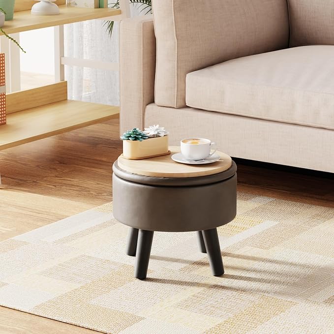 FIMIVIBI Small Foot Stool Ottoman with Storage, Faux Leather Ottoman Foot Rest for Couch, Round Footstool Ottomans for Living Room (Gray)