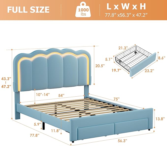 Velvet Upholstered Full LED Bed Frame with 2 Storage Drawers and Adjustable Chic Double Wavy Headboard, Princess Platform Bed with Charing Station, Solid Wood Slats Support,No Box Spring Needed,Blue