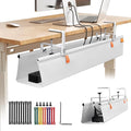 No Drill Under Desk Cable Management Tray, 36" Cord Organizer with Clamp, Fabric Cable Management for Standing Desks, Ideal for Home & Office - White