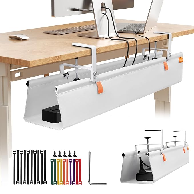 No Drill Under Desk Cable Management Tray, 36" Cord Organizer with Clamp, Fabric Cable Management for Standing Desks, Ideal for Home & Office - White