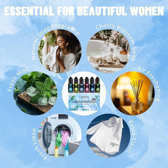 Housekeeping Essential Oils Set for Diffuser,Pure Aromatherapy Oil for Diffuser,Candle Making,Natural Soap Scent,Cherry Blossom Soap,Fresh Mint,Fresh Linen,Air Freshener,Extra Clean