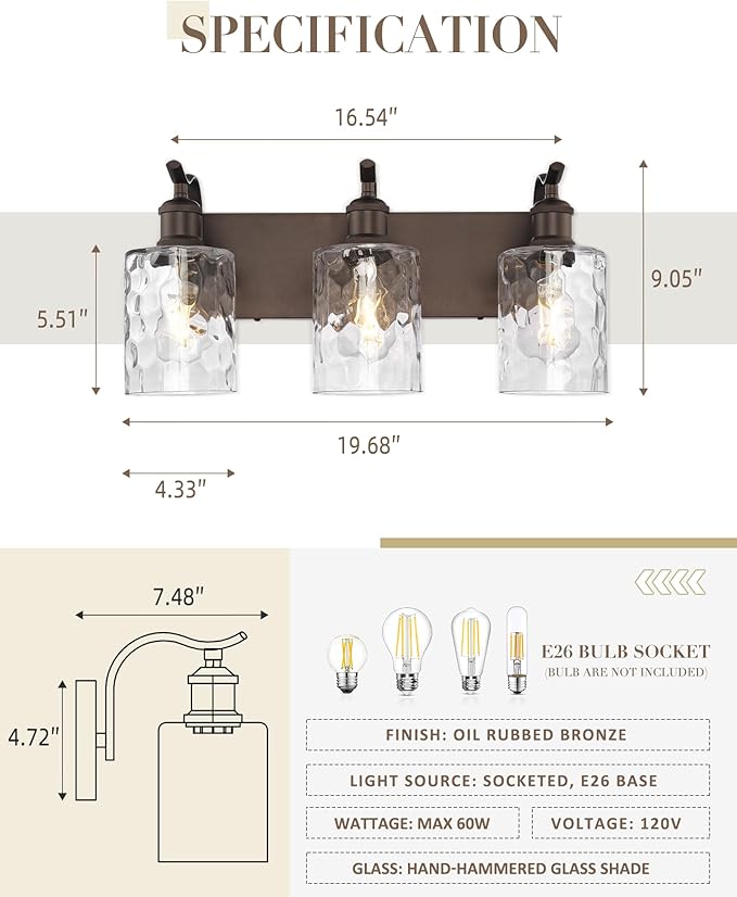 Bathroom Vanity Light Fixtures Over Mirror 3-Light Hammered Glass Wall Mounted Modern Oil Rubbed Bronze - VL01ORBH-3