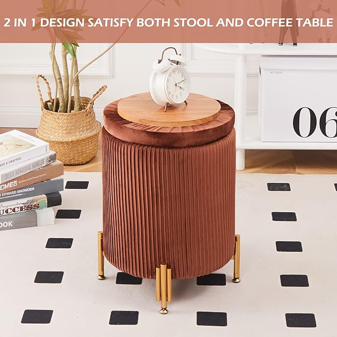 Mxfurhawa Round Ottoman Foot Stool with Storage and Metal Legs for Living Room Bedroom, Velvet Upholstered Footrest Stool Support 300lbs Modern Padded Seat Ottoman Coffee Table (Caramel)