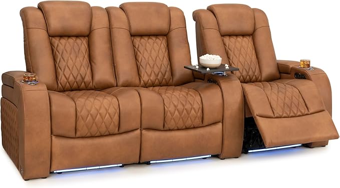 Seatcraft Diamante Zero-Gravity CoolZero Italian Leather Home Theater Seating, Power Headrest, Power Recline, Row of 3 Left Loveseat, Tawny