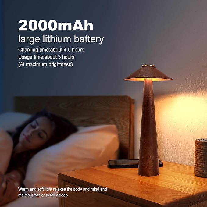 Battery Operated LED Table Lamps, 2000mAh Cordless Desk Lamp with 3 Level Brightness Touch Control Night Light for Nursery,Bedroom,Dining Room(Walnut Wood)