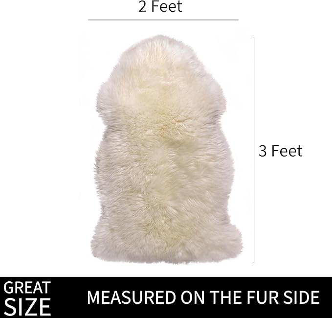 Premium Genuine Fur Sheepskin Rug - Real N.Z. 100% Sheepskin Natural Luxury Fluffy Lambskin Fur Area Rug - Seat Cover for Sofa Chair and Bedroom - 2' W x 3'L - Natural Creamy White Wool