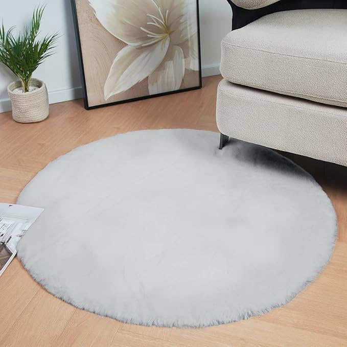 Latepis Grey Fluffy Round Rug 3ft Circle Area Faux Fur Rugs Washable Rabbit Rug Gray Furry Shag Rugs Round Carpet for Living Room Bedroom Nursery Kids Room Chair