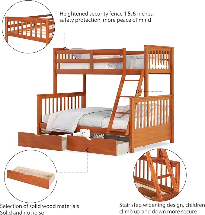 Merax Wood Bunk Bed with Drawers,Convertible Wood Bunk Bed with Ladders and Two Storage Drawers,Solid Wood Detachable Bed Frame with Ladders,Twin Over Full Size,Walnut