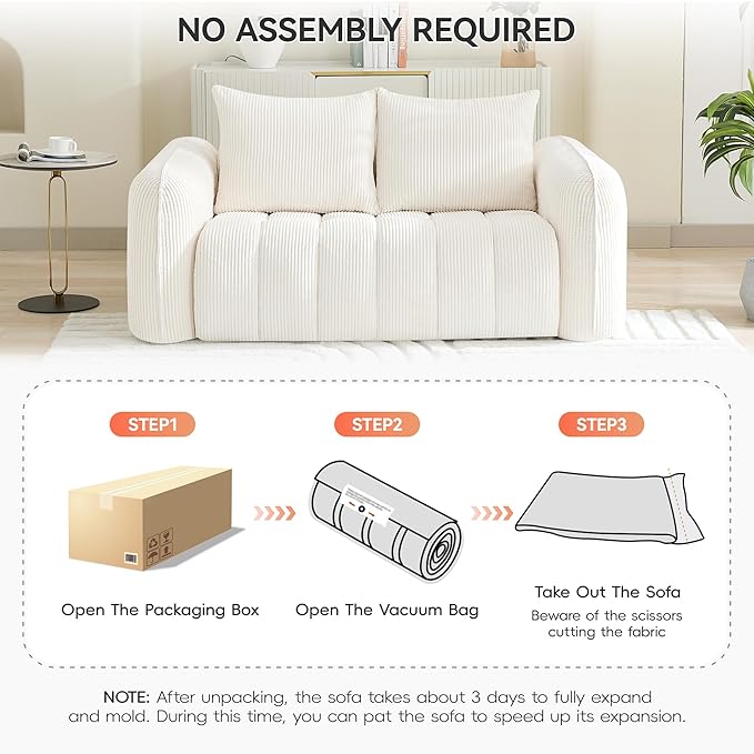 66'' Boneless Loveseat Sofa, 2 Seater Deep Seat Couch with Rounded Armrest, Upholstered Cloud Couch for Living Room, Bedroom, No Assembly, Corduroy White