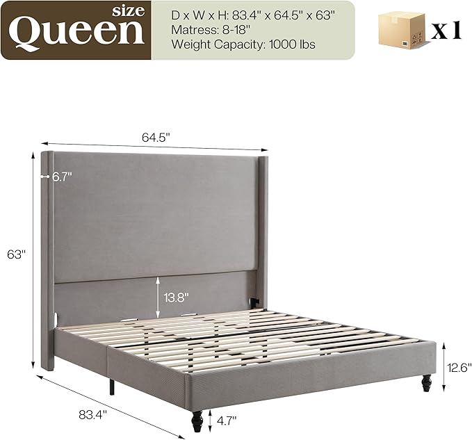 Queen Bed Frame with 63" Tall Headboard, Horizontal Fine Corduroy Bed Frame with Wingback, Upholstered Platform Bed, Vintage Solid Wood Gourd Legs, No Box Spring Needed, Gray