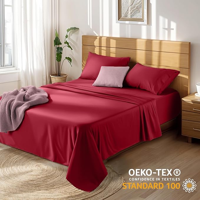 LBRO2M 100% Cotton Sheets Set Deep Pocket 19", 1000 Thread Count Full Size 4 Piece Bed Sheet Sets Soft Comfortable Bedding All Season (Full, Burgundy)