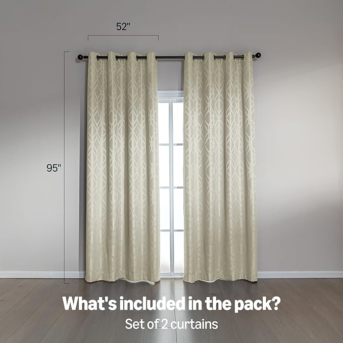 Amazon Basics Jacquard 2-Piece 100% Blackout Curtains, Living Room and Bedroom Drapes, Thermal Insulated Window Treatment, 52"x95", Beige