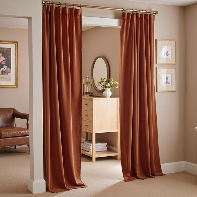 Lazzzy Burnt Orange Velvet Blackout Curtains 90 Inches Long Thermal Insulated Room Darkening Curtain Drapes Luxury Back Tab Window Treatments for Bedroom Living Room 2 Panels, 52 x 90 Inch, Caramel