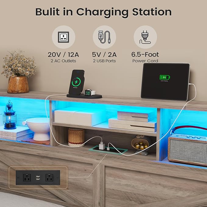 AOGLLATI Farmhouse Full Size Bed Frame with 4 Storage Drawers and Charging Station, Wooden Full Bed Frame with Hidden Space Bookcase Headboard and Led Lights & Metal Slats, Gray