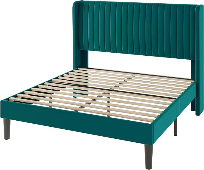 Allewie Full Size Bed Frame/Velvet Upholstered Platform Bed/Vertical Channel Tufted Wingback Headboard/Strong Wooden Slats/No Box Spring Needed/Easy Assembly/Teal