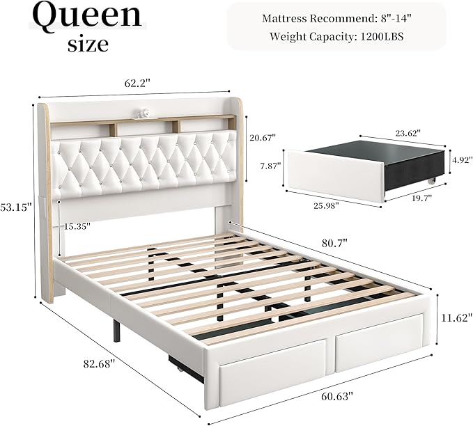 Queen LED Bed Frame with 2 Storage Drawers, PU Upholstered Platform Beds with Galaxy Star Projector Charging Station Speaker, Aurora Bedframe with 2-Tier Storage Headboard, Noise-Free, White