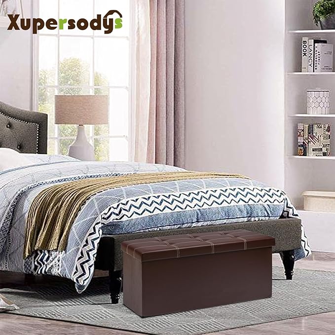 xupersodys 30 Inches Folding Storage Ottoman Bench, Faux Leather Footstool Ottoman, Storage Trunk Footrest for Bedroom, Living Room and Hallway, Support 350lbs, Brown (White line)