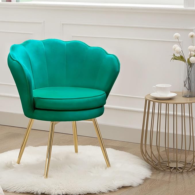 Accent Chairs Set of 2, Velvet Vanity Chair with Back, Mid-Century Modern Small Accent Chair for Living Room, Golden Metal Legs Upholstered Makeup Chair, Bedroom Armchair, Emerald Green