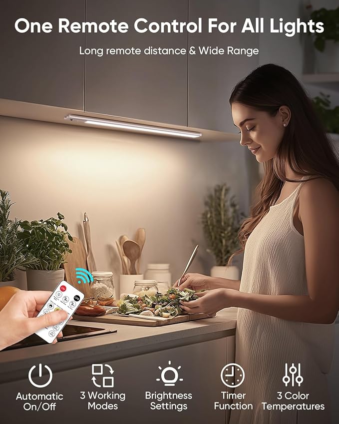 Under Cabinet Lighting Wireless, Rechargeable 62 LED Motion Sensor Light Indoor, 3 Color Temps Closet Lights with Remote Control, Dimmable Magnetic Under Counter Lights for Kitchen, Stairs, 4 Pack